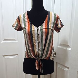 Striped Button-Down Tie-Front Top